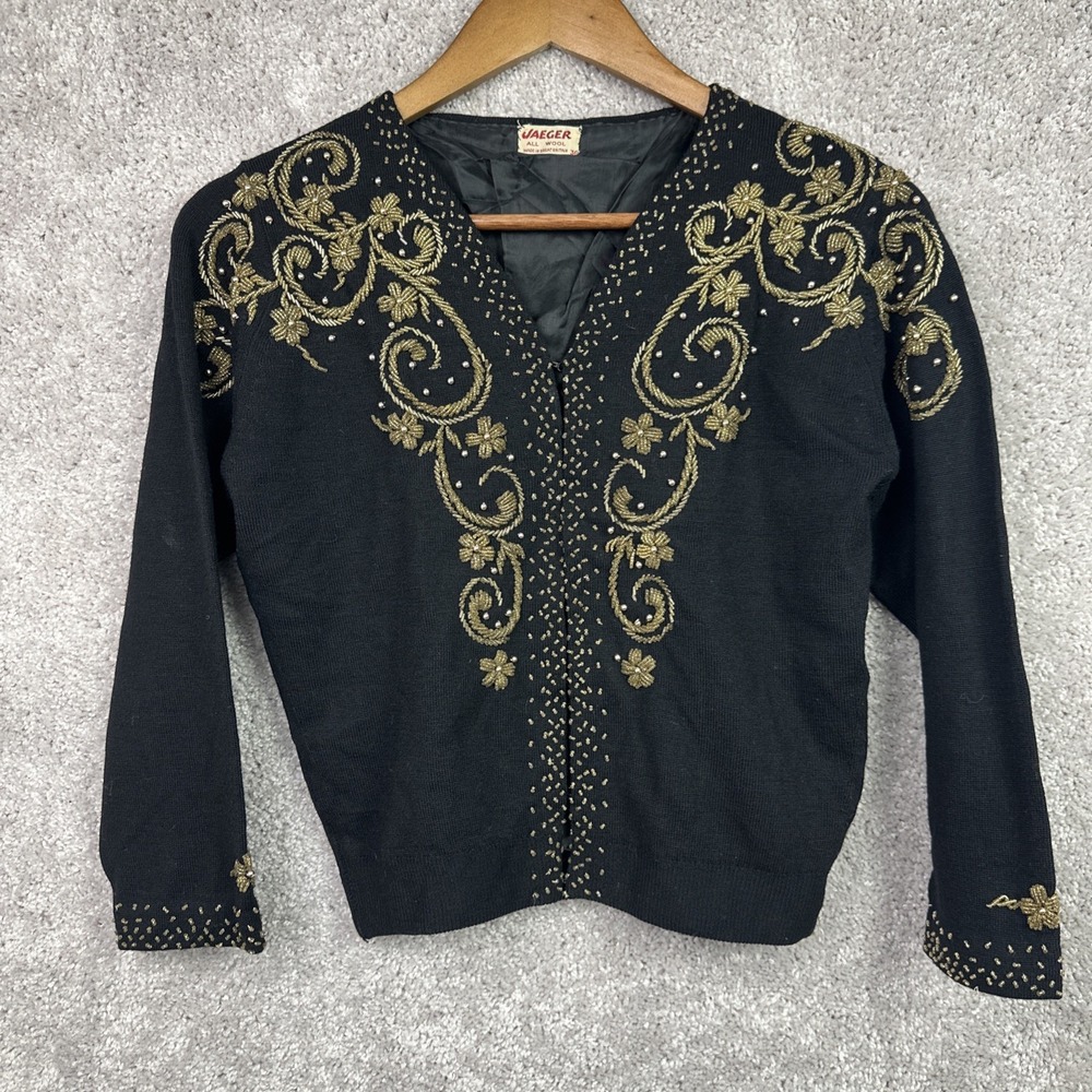 Jaeger All Wool Beaded Black Cardigan Sweater Size 36 Made in Great‎ Britain